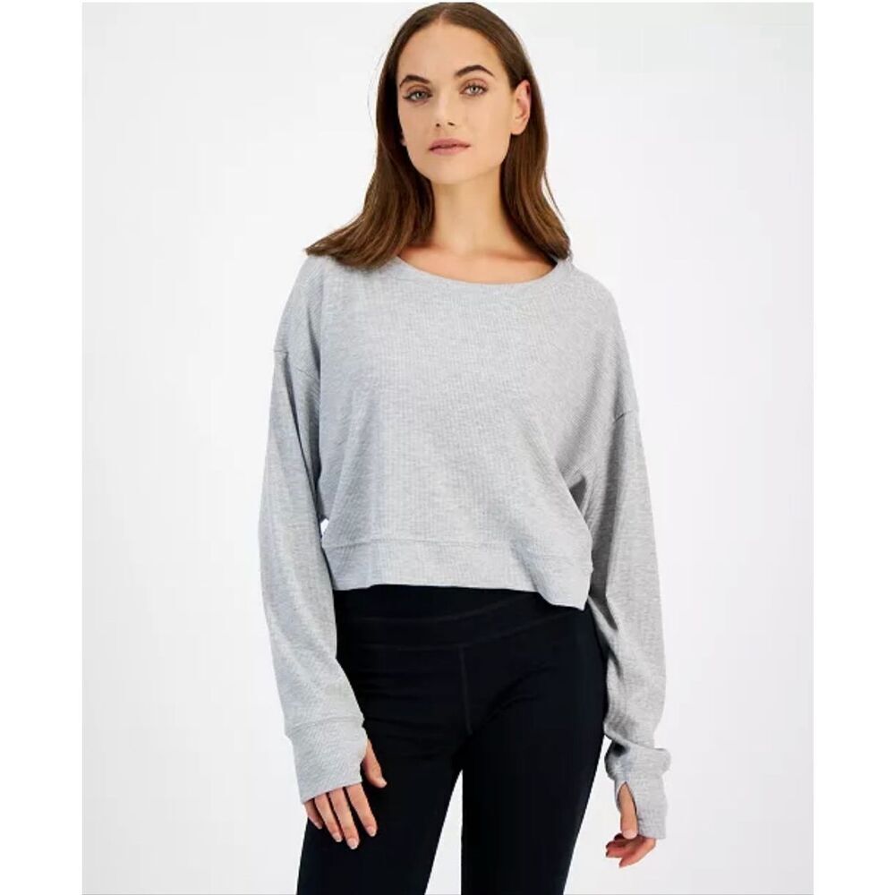 #709. Ideology NWT Heather Grey Waffle-Knit Drop-Shoulder Long Sleeve Shirt Top - Picture 2 of 4